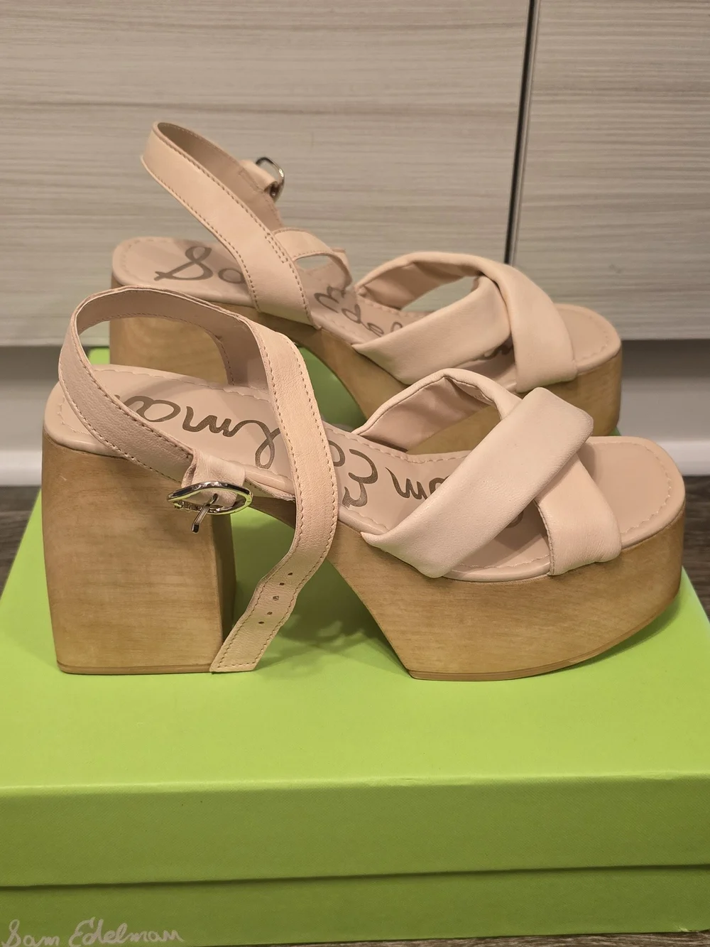 Sam Edelman Beige Nude Platform Sandal with Wood-Effect Block Heel
